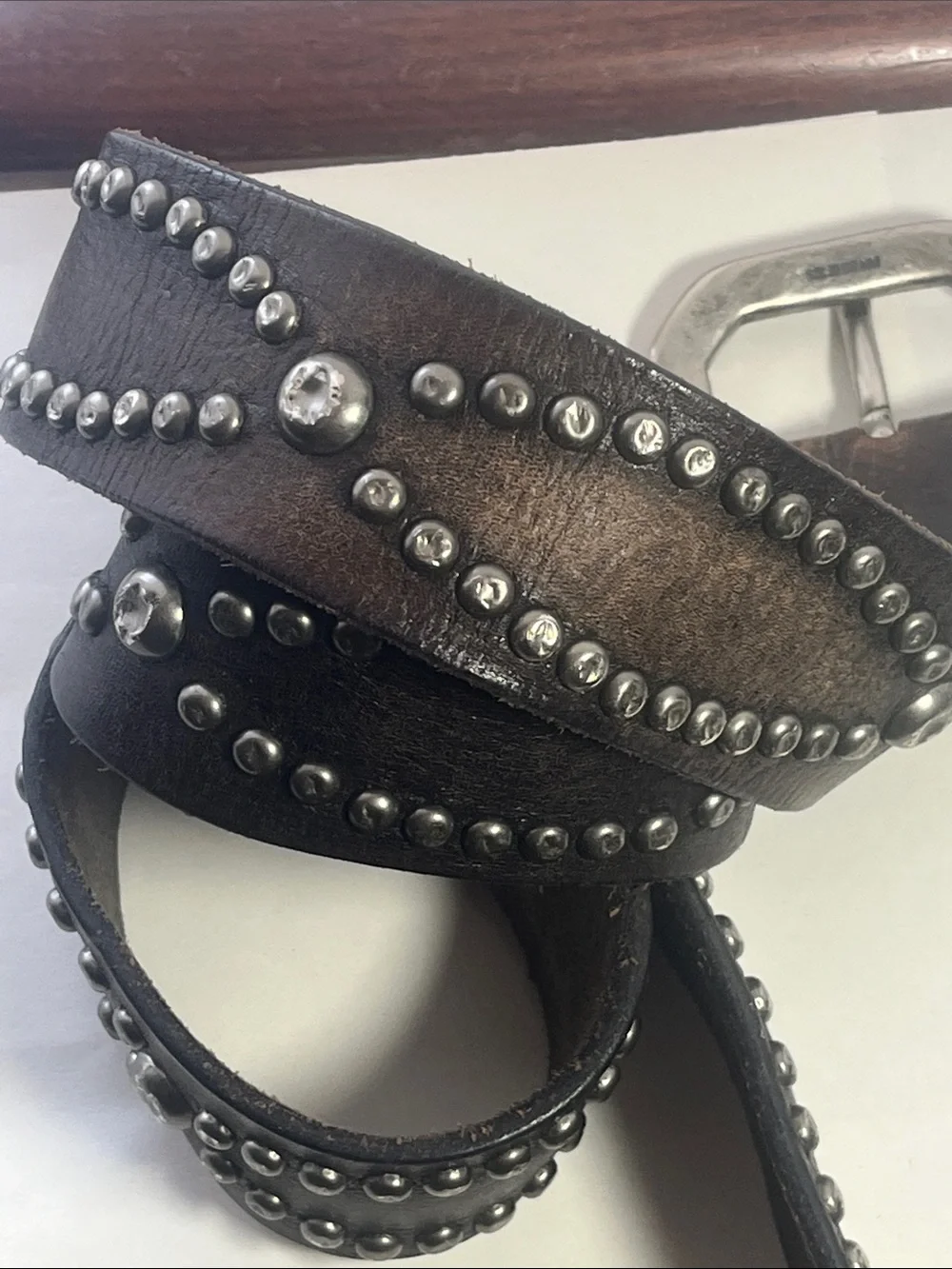 Lucky Brand Studded Leather Belt in Distressed Brown with Silver Hardware - Picture 4 of 11